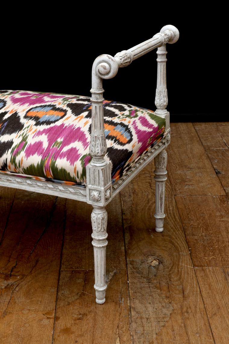 Directoire Footstool with Gorgeous Silk Ikat Fabric